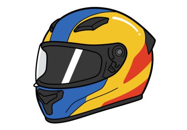 Motosiklet kaskı klips sanatı. Mavi ve kırmızı aksanlı sarı kask, siyah güneşlik ve detaylı tasarım. Resim sanat tasarımı.