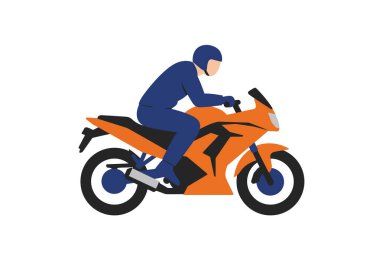 Motosiklet sürme. Mavi binicilik kıyafeti ve kasklı bir kişi turuncu ve siyah bir motosikletin üzerinde. Resim sanat tasarımı.