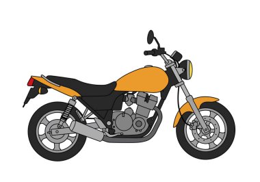 Basit bir motosiklet klibi. Bu görüntü, detaylı bileşenleri olan turuncu ve siyah bir motosikletin yan görüntüsünü gösteriyor. Resim sanat tasarımı.