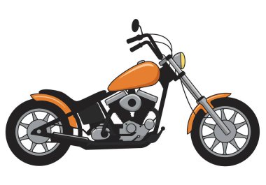 Helikopter motorsiklet klibi. Turuncu aksanlı, siyah çerçeveli ve klasik yol maceraları için tasarlanmış detaylı bir helikopter motosikleti. Resim sanat tasarımı.