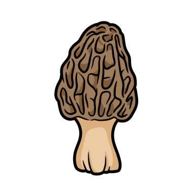 Morel mantar klipsi sanatı. Bu resim kahverengi morel bir mantarı, desenli bir başlığı ve bej bir sapı gösteriyor. Resim sanat tasarımı.