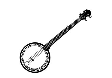Banjo klip sanatı. Bu siyah ve beyaz tasarım, telli, fretboard ve dairesel gövdeli ayrıntılı bir banjo içerir. Resim sanat tasarımı.