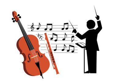 Klasik müzik klibi. Çello, flüt, kondüktör, notalar, notalar, notalar, nota anahtarı, bas anahtarı, müzikal kadro, cop. Resim sanat tasarımı.