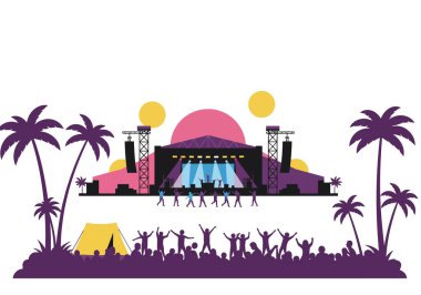 Coachella Valley klip sanatı. Sahnesi, göstericileri, seyircileri, palmiye ağaçları ve çadırı olan canlı bir festival sahnesi. Resim sanat tasarımı.