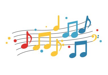 Mutlu yıllar müzik klipleri. Kırmızı, sarı ve mavi notaları olan bir personele renkli notalar. Resim sanat tasarımı.