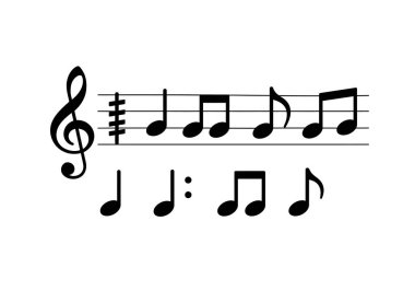 Müzik klip sanatı. Bu resim bir kadrodaki çeşitli müzik sembollerini ve notaları gösterir. Resim sanat tasarımı.