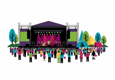Müzik festivali seçmeleri. Büyük bir kalabalık, arka planda renkli ışıklar ve çadırlarla açık hava sahnesinde çalan bir grubu seyrediyor. Resim sanat tasarımı.
