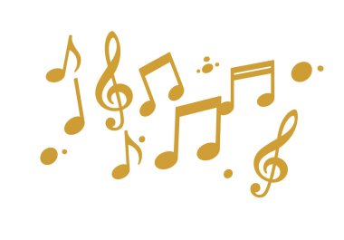 Altın nota klipsi. Bu resim, zarafet ve sanatsal cazibeyi vurgulayan beyaz bir arkaplanda çeşitli altın müzik notaları ve sembolleri göstermektedir. Resim sanat tasarımı.