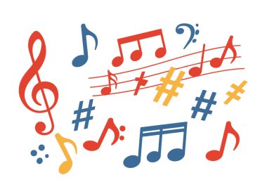 Müzik için sanat eseri. Bu resim çeşitli renkli müzik sembolleri ve notaları gösteriyor, yaratıcılığı ve uyumu vurguluyor. Resim sanat tasarımı.