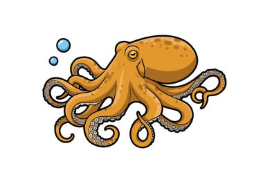 Dumbo ahtapot tırpanı. Görüntü karikatür tarzı turuncu bir ahtapotu gösteriyor. Büyük bir kafası ve çoklu dokunaçları var. Yanında da köpükler var. Resim sanat tasarımı.