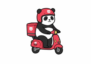 Foodpanda klipsi. Kırmızı scooter 'la teslimat kutusuyla gezen ve oyuncu bir tasarımda kask takan bir panda. Resim sanat tasarımı.