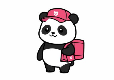 Yemek pandası klipsi. Pembe şapkalı ve pembe bir teslimat çantası taşıyan sevimli bir panda. Resim sanat tasarımı.