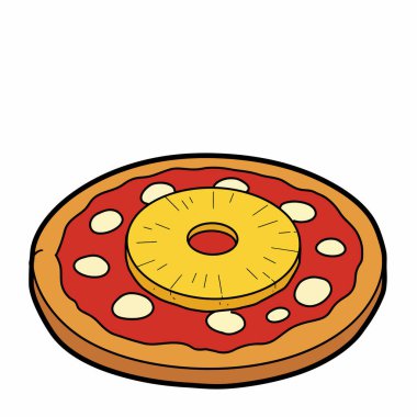 Ananaslı pizza klipsi. Büyük ananas halkalı ve domates soslu peynir soslu bir pizza. Resim sanat tasarımı.