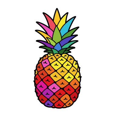 Renkli ananas parçası. Bu resim canlı, çok renkli gökkuşağı renklerine ve kalın desenlere sahip bir ananas gösteriyor. Resim sanat tasarımı.