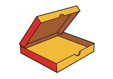 Sanat eseri pizza kutusu. Açık bir pizza kutusu, parlak sarı ve kırmızı bir dış görünüşü ve kahverengi bir iç yapısı var, işlevsel ve estetik çekiciliğini vurguluyor. Resim sanat tasarımı.