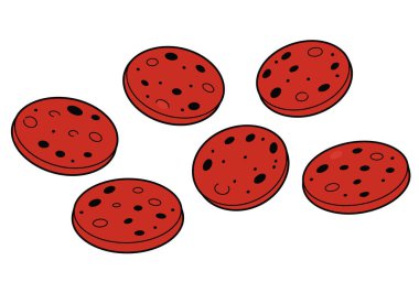 Clipart pepperoni. Beyaz arka planda siyah noktalı altı kırmızı pepperoni dilimi basitlik ve canlılığı vurguluyor. Resim sanat tasarımı.