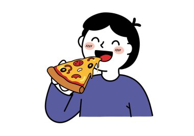 Pizza yiyorum. Mavi gömlekli biri elinde erimiş peynirli, biberli ve lezzetli malzemeli bir dilim pizza tutuyor ve yemeğin tadını çıkarıyor. Resim sanat tasarımı.