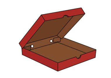 Boş pizza kutusu klipsi. Kapaklı kırmızı ve kahverengi karton kutular, yiyecek teslimatı veya depolama için temiz ve basit bir tasarım sergiliyor. Resim sanat tasarımı.