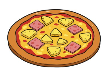 Hawaii pizza klubü. Peynirli bir tabanda jambon ve ananas soslu Hawaii pizzası, tropikal ve iştah açıcı bir tasarım sergiliyor. Resim sanat tasarımı.