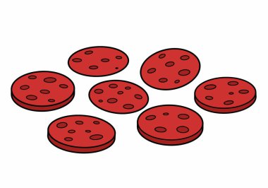 Pepperoni klipsli sanat. Beyaz arka plana saçılmış küçük delikli yedi kırmızı pepperoni dilimi. Resim sanat tasarımı.