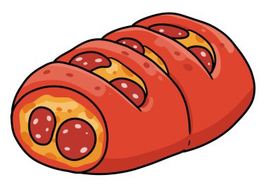 Pepperoni rulo klipsi. İçinde pepperoni ve peynir dilimleri olan altın esmer pepperonili bir rulo karikatür çizimi. Resim sanat tasarımı.