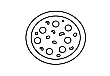 Basit siyah beyaz pizza klubü. Bu resim, basit siyah beyaz klipli çeşitli malzemelerle yapılmış bir pizzayı gösteriyor. Resim sanat tasarımı.