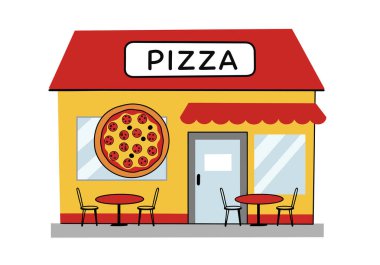 Pizza dükkanı klipsi sanatı. Kırmızı çatılı sarı bir bina ve tepesinde büyük bir pizza tabelası, canlı ve davetkar bir görünüm yaratıyor. Resim sanat tasarımı.
