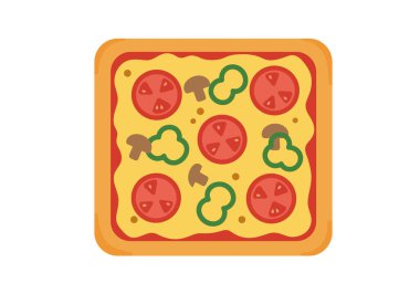 Kare pizza klibi. Bu resim domatesli, mantarlı ve yeşil biberli kare pizzayı gösteriyor. Resim sanat tasarımı.