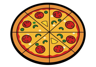 Pizza sanatı. Bu resim domates, yeşil biber ve peynir gibi çeşitli malzemelerle altı dilime ayrılmış bir pizzayı gösteriyor. Resim sanat tasarımı.