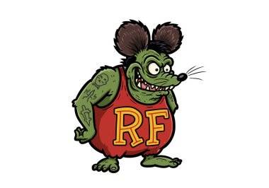 Fare yakalama sanatı. Dövmeli, kırmızı tişörtlü, RF harfli yeşil bir fare. Resim sanat tasarımı.
