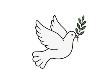 Barış güvercini sanatı. Bu resim, gagasında barış ve uyumu simgeleyen bir zeytin dalı tutan beyaz bir güvercini gösteriyor. Resim sanat tasarımı.
