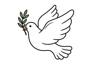 Hristiyan güvercin klipsi. Gagasında zeytin dalı tutan beyaz bir güvercin. Barış ve Hıristiyanlığı simgeliyor. Resim sanat tasarımı.