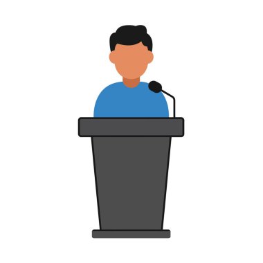 Kürsüde Clipart konuşmacısı. Bir kişi mikrofonla podyumun arkasında duruyor. Resim sanat tasarımı.