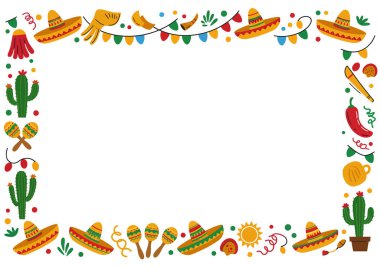 Fiesta sınırına tırman. Meksika temalı sombrerolarla, kaktüslerle, marakalarla ve şenlikli dekorasyonlarla dolu renkli bir sınır. Resim sanat tasarımı.