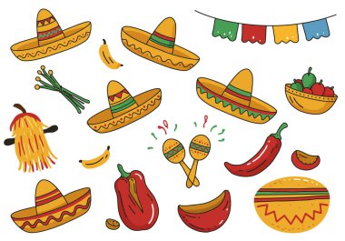 Fiesta clipart. Sombrerolar, marakalar, kırmızı biberler ve şenlikli dekorasyonlar. Resim sanat tasarımı.