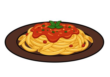 İtalyan makarna klipsi. Domates soslu ve fesleğen yapraklarıyla süslenmiş bir tabak spagetti. Resim sanat tasarımı.