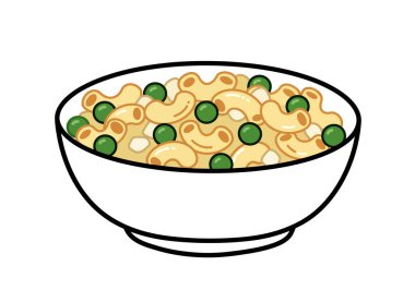 Makarna salatası klipsi. Bir kase yeşil bezelye ve doğranmış sebzeli makarna salatası. Resim sanat tasarımı.