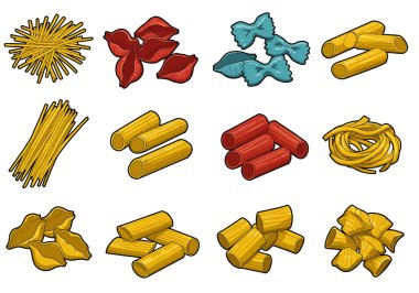 Makarna parçası. Değişik şekillerde ve renklerde makarna çeşitleri. Resim sanat tasarımı.