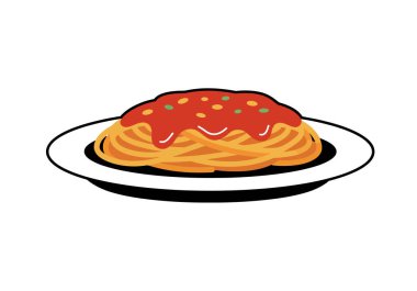 Spagetti klipsi. Bir tabak domates soslu spagetti ve renkli ve basit bir tasarımla süslenmiş garnitür. Resim sanat tasarımı.