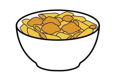 Penne makarna klipsi. Sarı makarna ve turuncu parçalarla dolu basit bir tasarım. Resim sanat tasarımı.