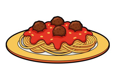 Makarna, spagetti ve köfte. Bu resim, üzerinde domates sosu ve dört köfte olan bir tabak spagetti gösteriyor. Resim sanat tasarımı.