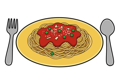 Makarna sanatı spagetti yemeği. Domates soslu spagetti, bezelye ve peynirli, çatal ve kaşıkla sarı tabakta. Resim sanat tasarımı.