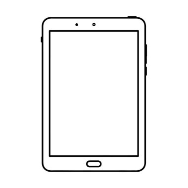 Tablet klipsi ana hatları. Dikdörtgen ekran ve bir düğmeli tabletin basit bir taslağı, temiz ve minimal bir tasarımı sergiliyor. Resim sanat tasarımı.
