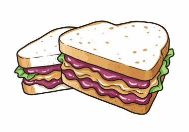 Fıstık ezmeli ve reçelli sandviç. Bu resim, ekmek dilimleri arasında fıstık ezmesi ve jöle katmanları olan bir sandviçi gösteriyor. Resim sanat tasarımı.