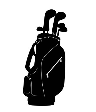 Golf çantası silueti. Bu resimde golf malzemesi taşıyıcısı olarak da bilinen bir golf çantasının siyah silueti yer alıyor. Clipart illüstrasyon tasarımı.