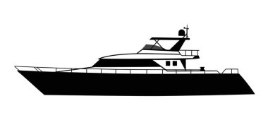 Siluet yatı. Bu resim, lüks bir gemi olarak da bilinen siluet şeklinde, açık denizde gezmek ve dinlenmek için kullanılan parlak bir yatı gösteriyor. Clipart illüstrasyon tasarımı.