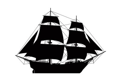 Yelkenli gemi silueti. Bu resim klasik yelkenli bir geminin siyah siluetini gösteriyor. Yelkenli ve direkli. Aynı zamanda uzun gemi ya da yelkenli olarak da bilinir. Clipart illüstrasyon tasarımı.