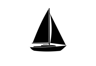 Yelkenli silueti. Bu resim, genellikle deniz temalı tasarımlarda kullanılan iki yelkenli ve bir direkli siyah beyaz bir yelkenli silueti gösteriyor. Clipart illüstrasyon tasarımı.