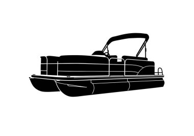 Pontoon tekne silueti. Bu resim bir duba teknesinin siluet şeklini gösteriyor. Yapısını ve tasarımını yüzen bir su aracı olarak vurguluyor. Clipart illüstrasyon tasarımı.