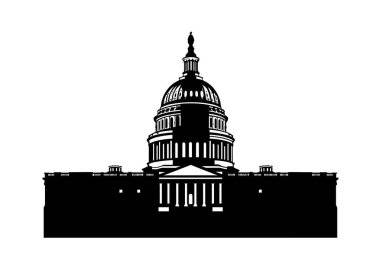 Capitol binası silueti. Bu görüntü, Amerikan hükümetinin ve politikasının simgesi olan Amerikan Kongre Binası 'nın siyah beyaz siluetini gösteriyor. Clipart illüstrasyon tasarımı.